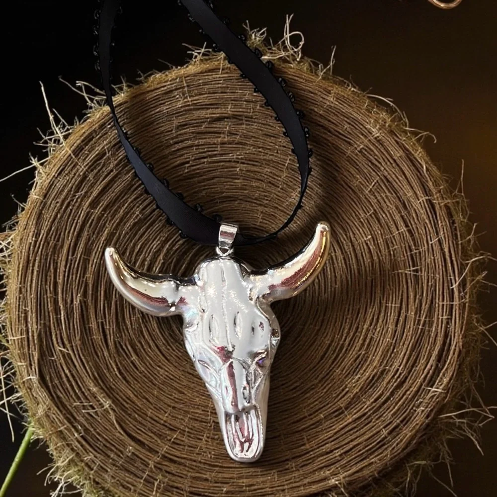Silver and Gold Toned Bull Skull Pendant Choker Necklace